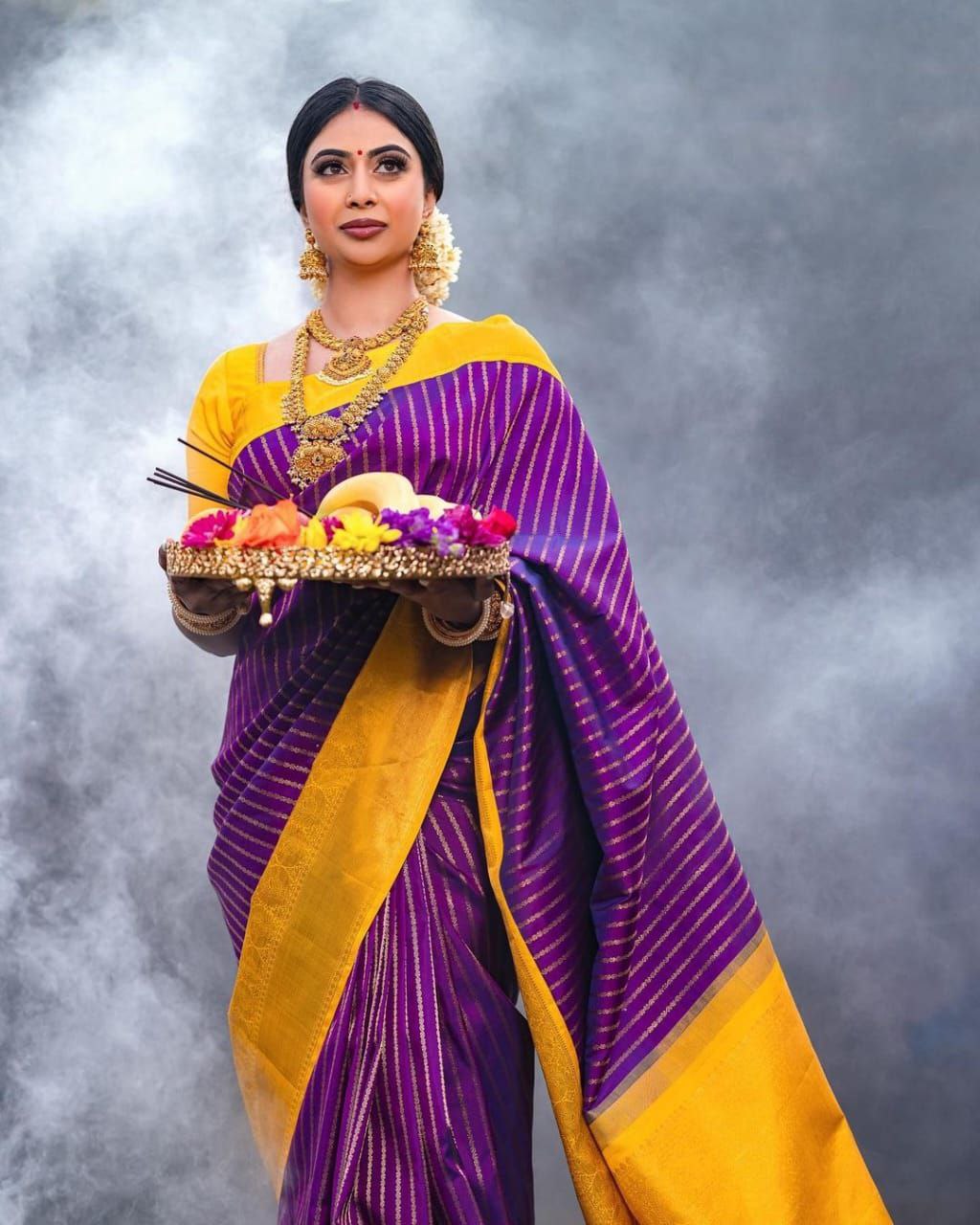 Forever Banarasi Wine Colure & Yellow Border Saree