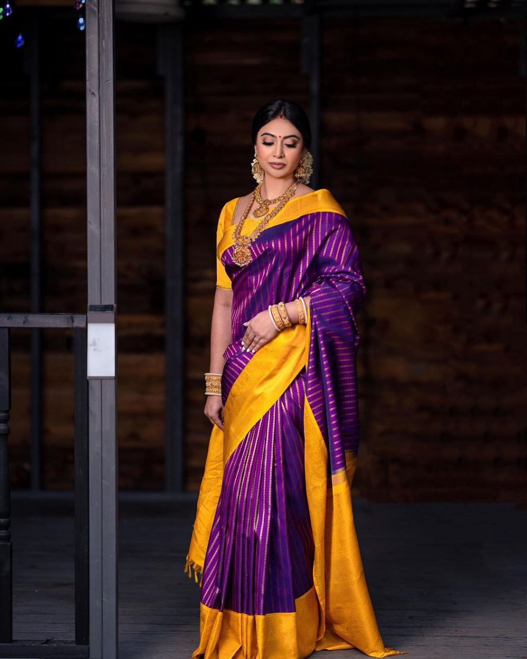 Forever Banarasi Wine Colure & Yellow Border Saree