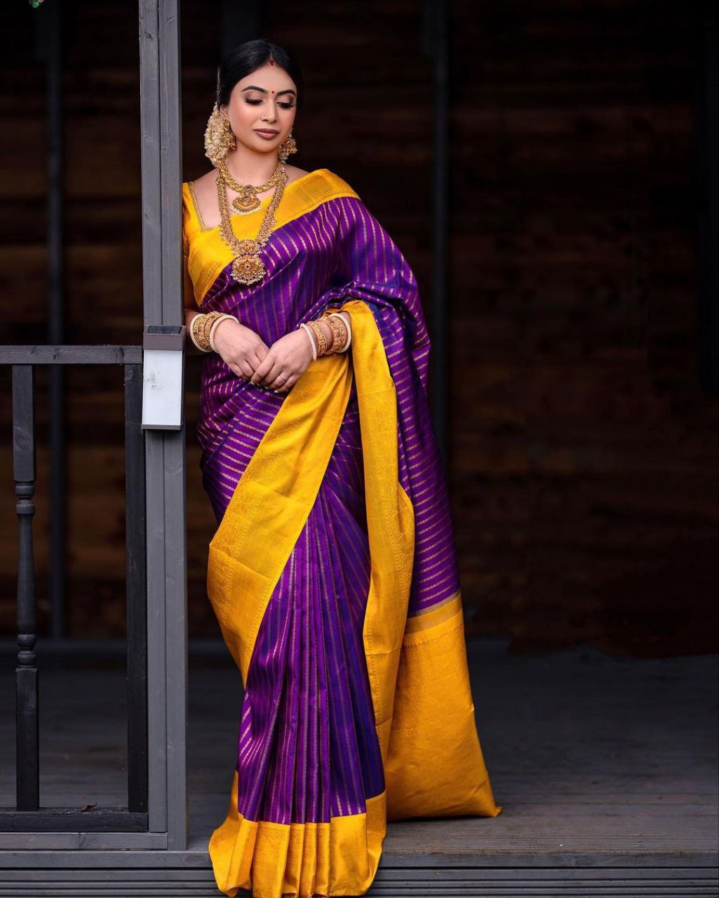 Forever Banarasi Wine Colure & Yellow Border Saree