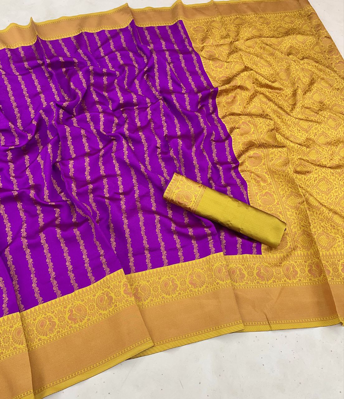 Forever Banarasi Wine Colure & Yellow Border Saree