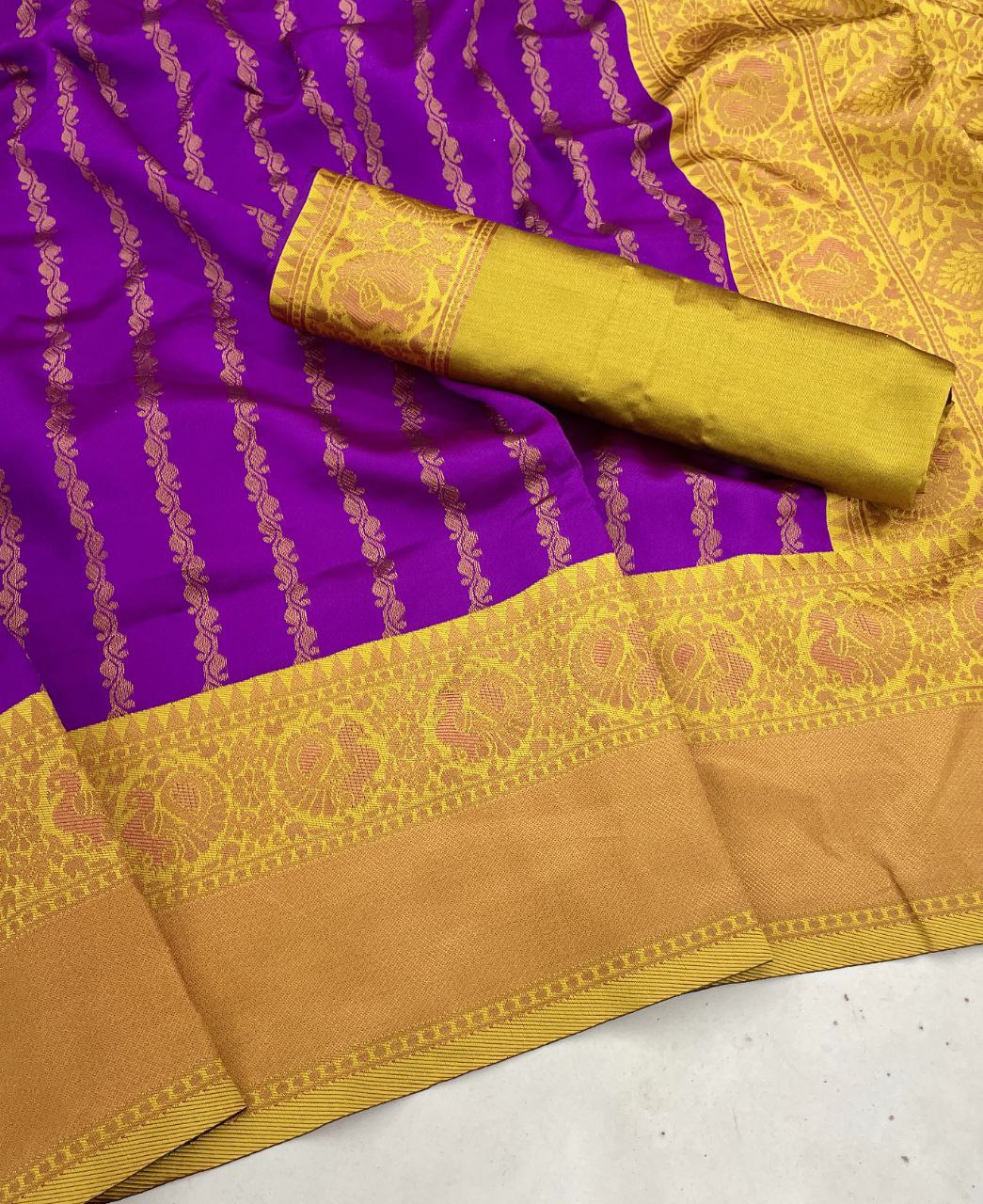 Forever Banarasi Wine Colure & Yellow Border Saree