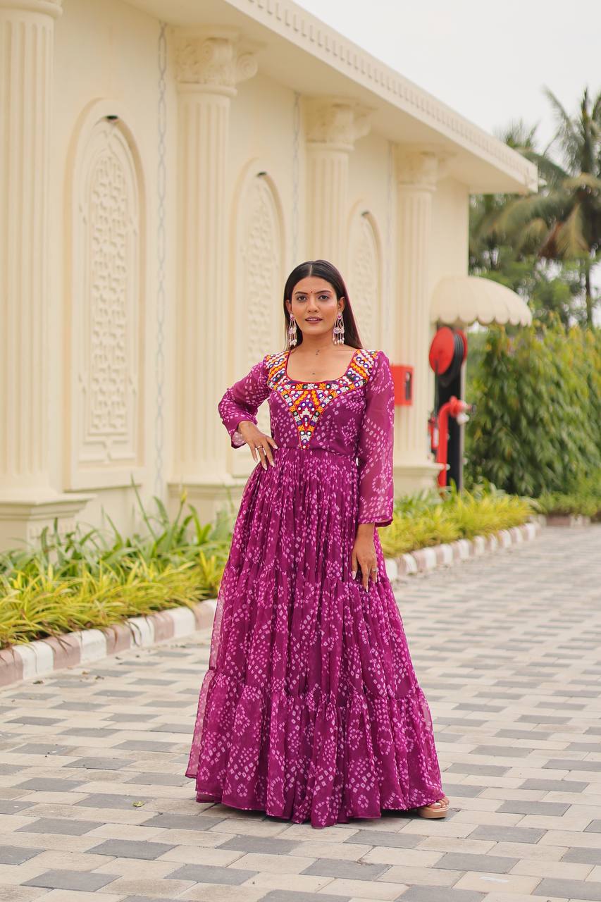 Festive Purple Bandhani Print Georgette Gown