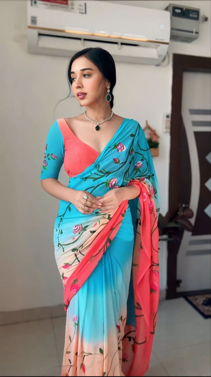 Ready To Wear Multicolor Saree With Beautiful Same Colour Blouse Piece