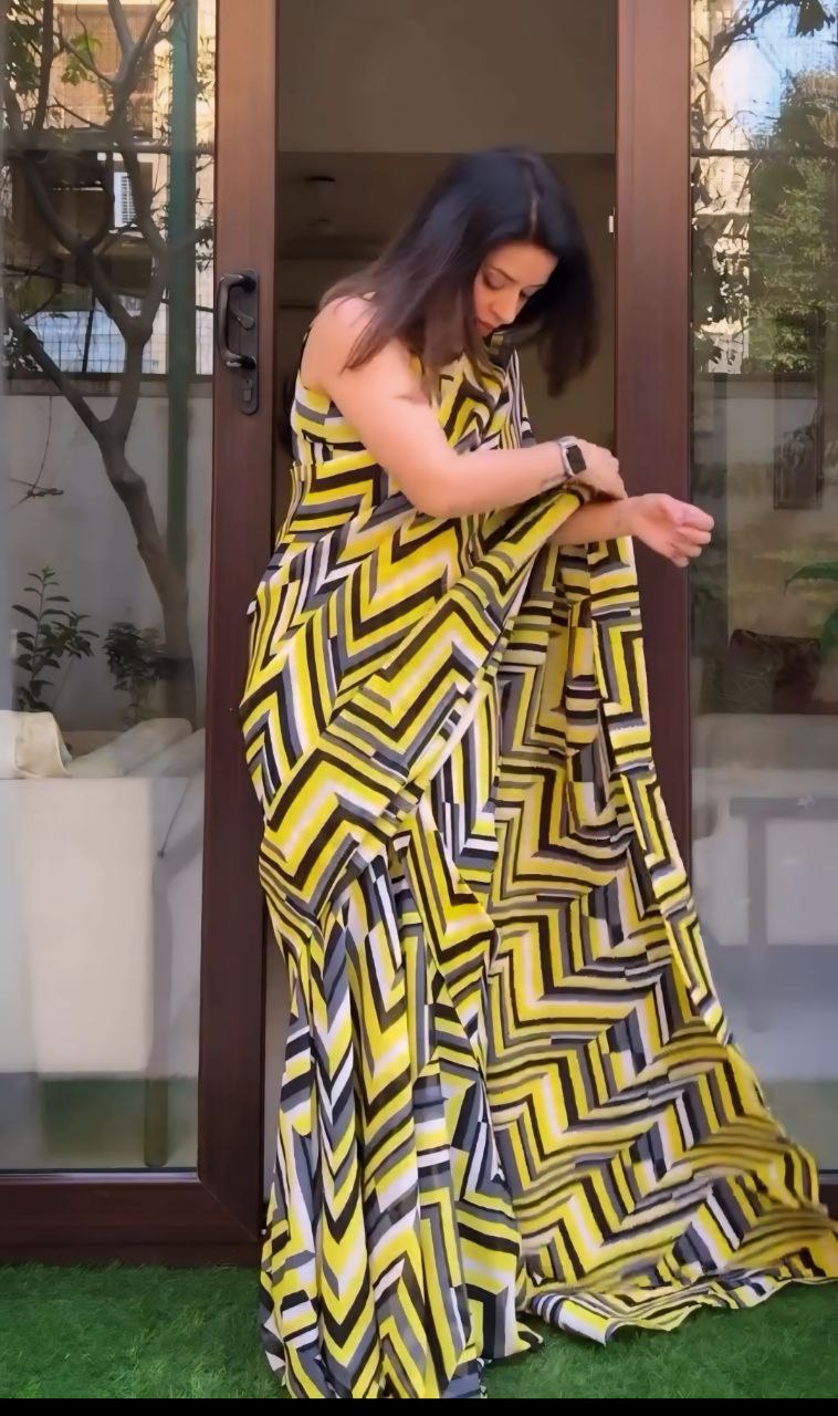 Multi-Colored Ready-to-Wear Gown Saree in Yellow and Dark Blue