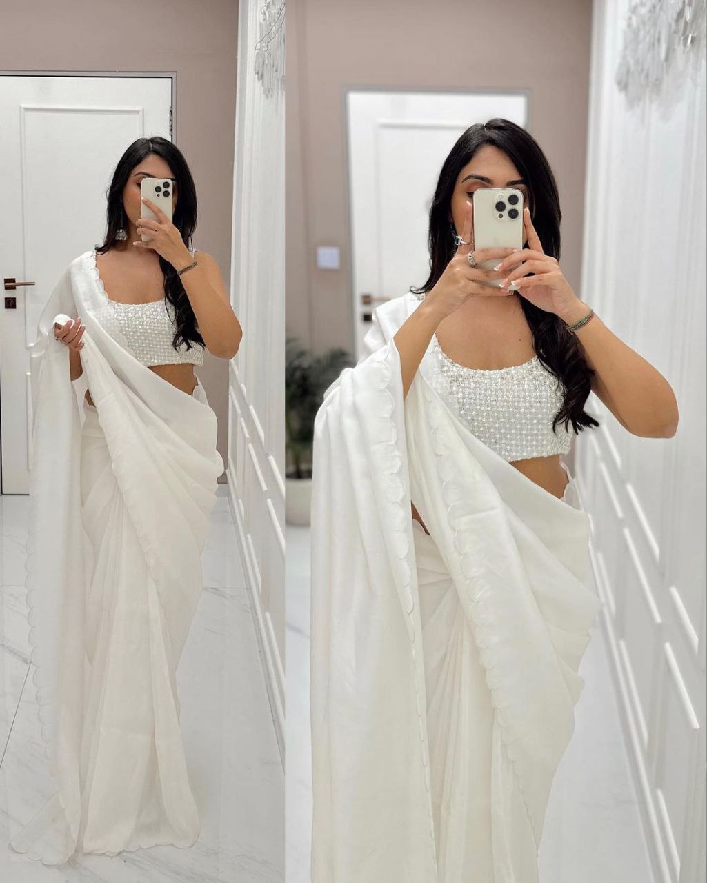 Beautiful Full Border Work Design Ready to Wear White Saree