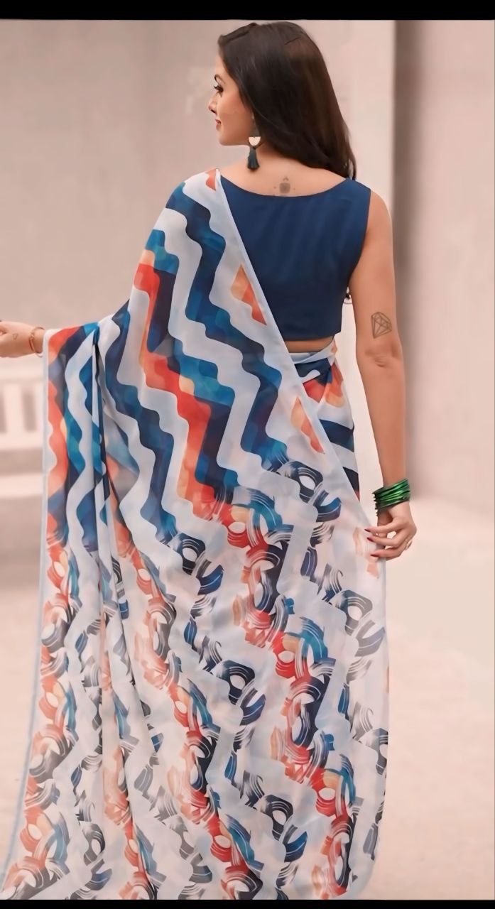 Blue Red Zigzag Design Digital Print Design Ready To Wear Saree with Blouse Piece