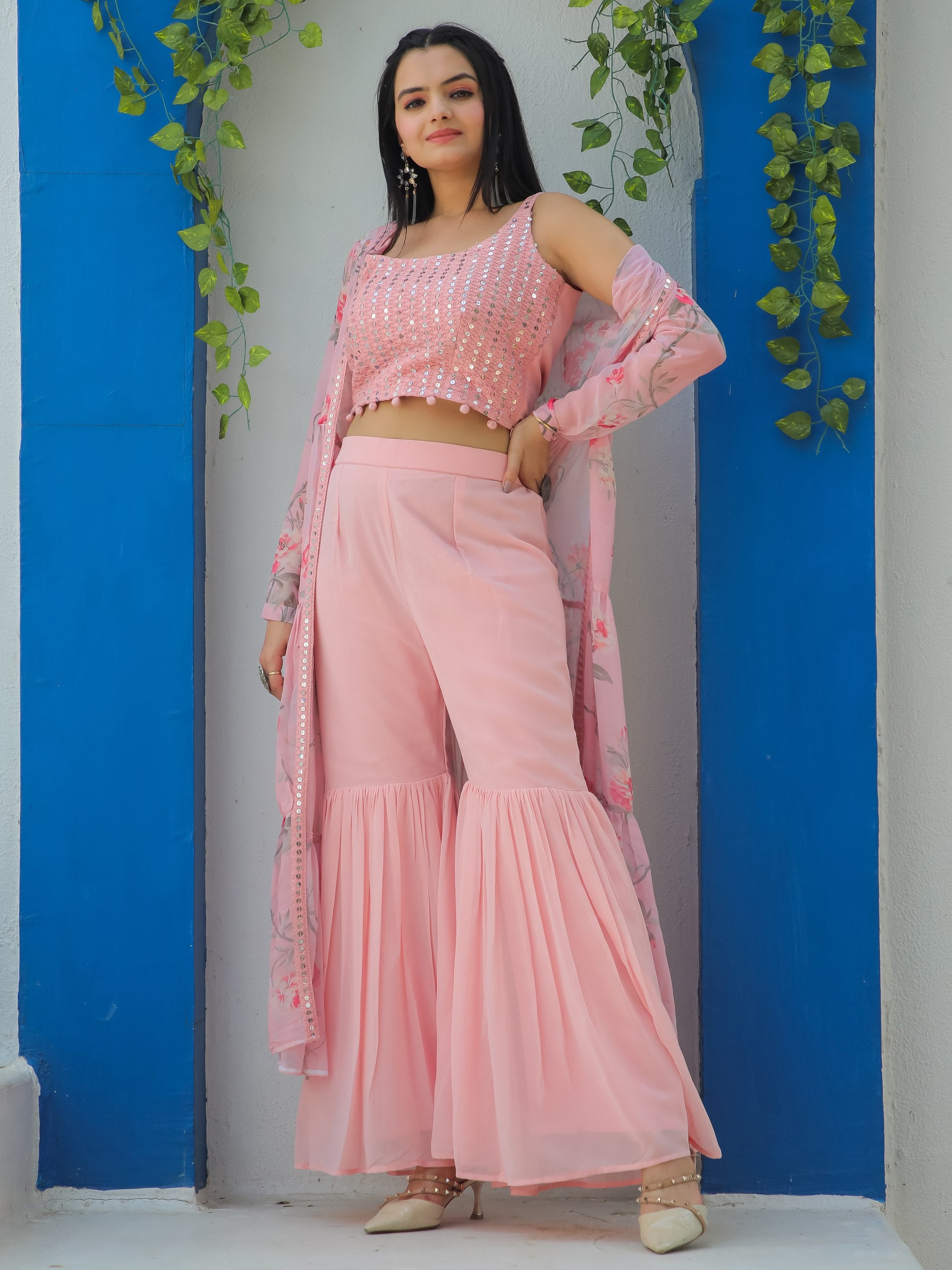 Pink Embroidered Choli With Printed Shrug And Sharara - Sareelystore