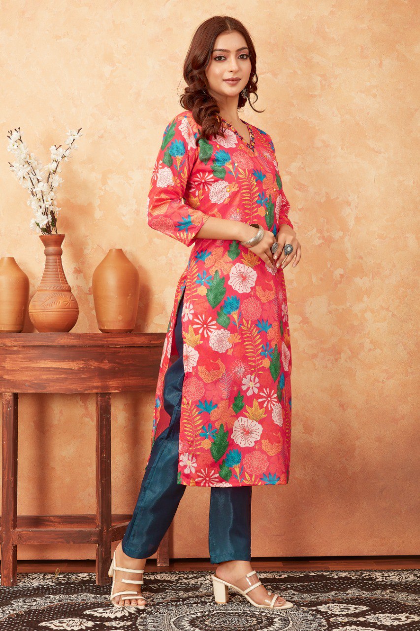 Most Beautiful Dark Pink Kurti With Pant