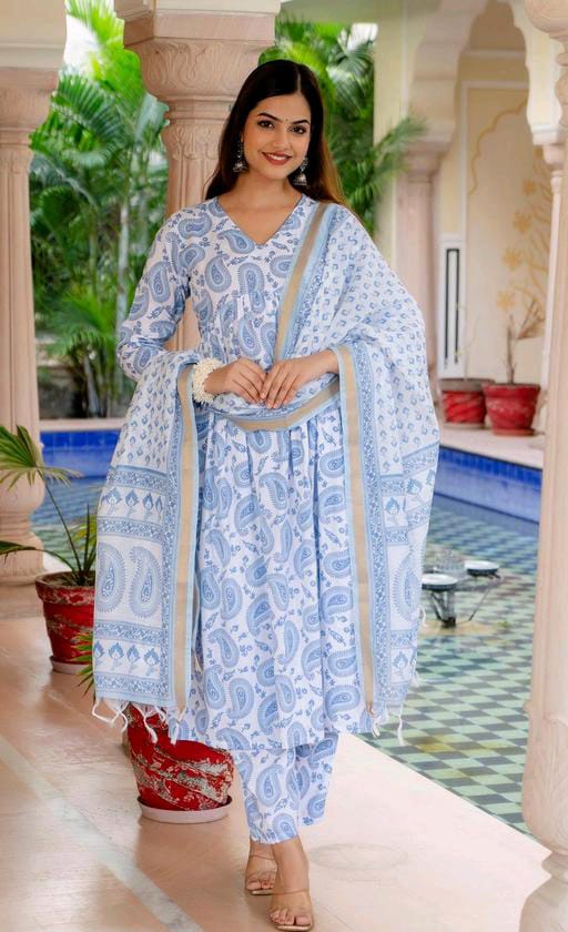 Most Beautiful Sky Kurta Set With Dupatta