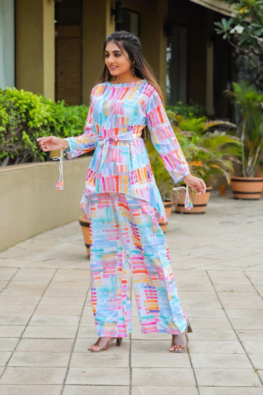 Most Beautiful Multi Color Printed Top And Plazzo Co Ord Set