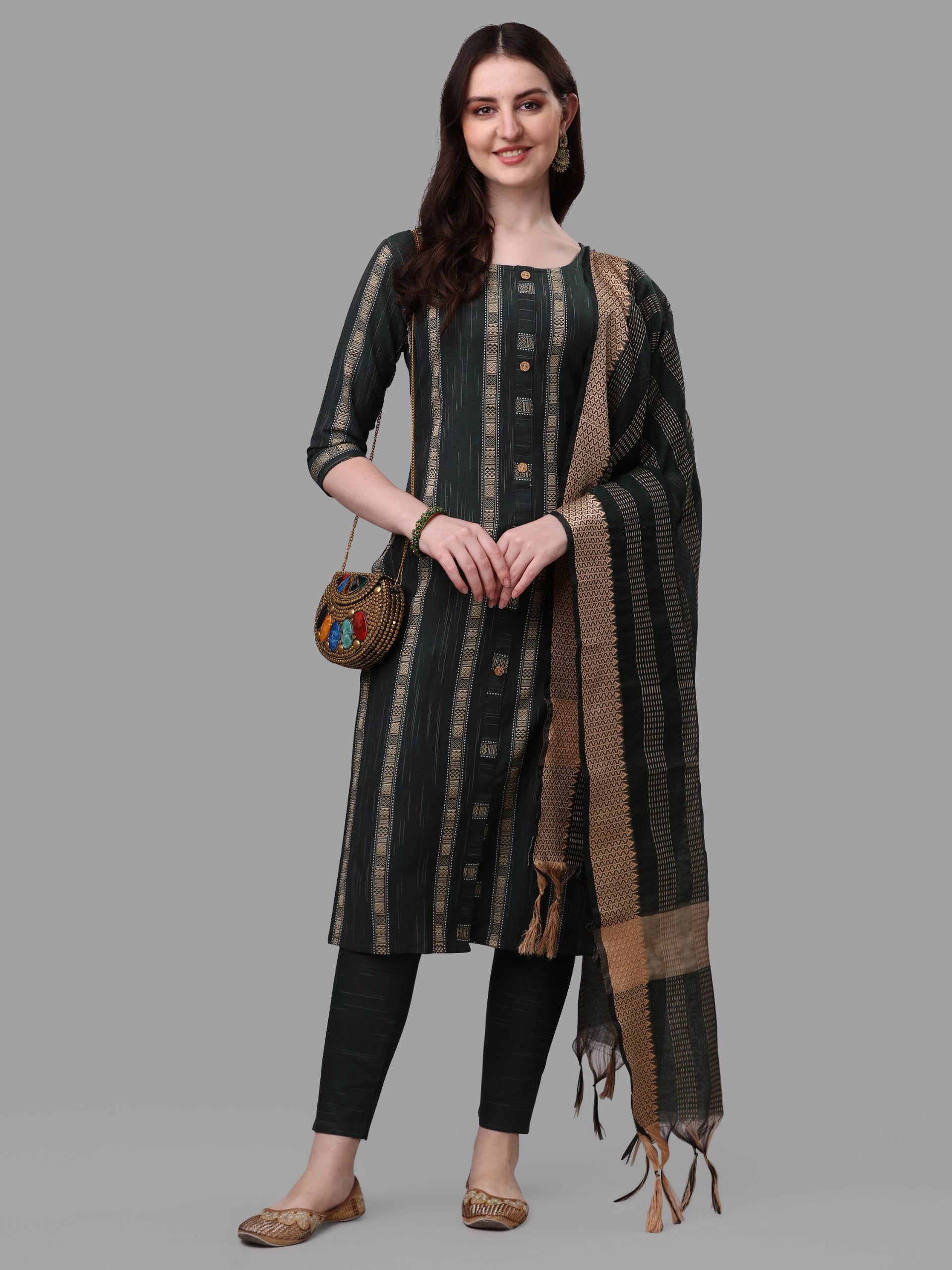 Black Round Neck Kurta Set With Dupatta