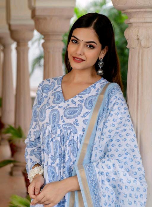 Most Beautiful Sky Kurta Set With Dupatta