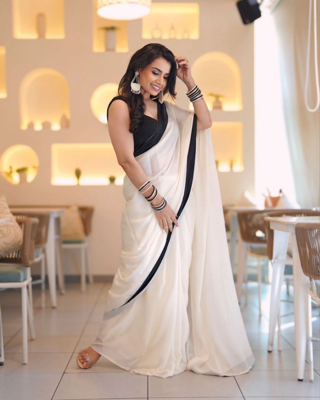 Ready To Wear White Colour Saree with Black Border With Blouse