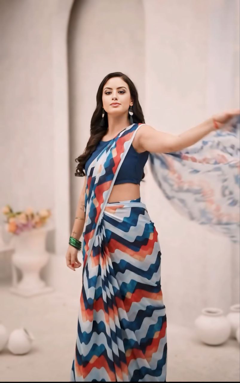 Blue Red Zigzag Design Digital Print Design Ready To Wear Saree with Blouse Piece