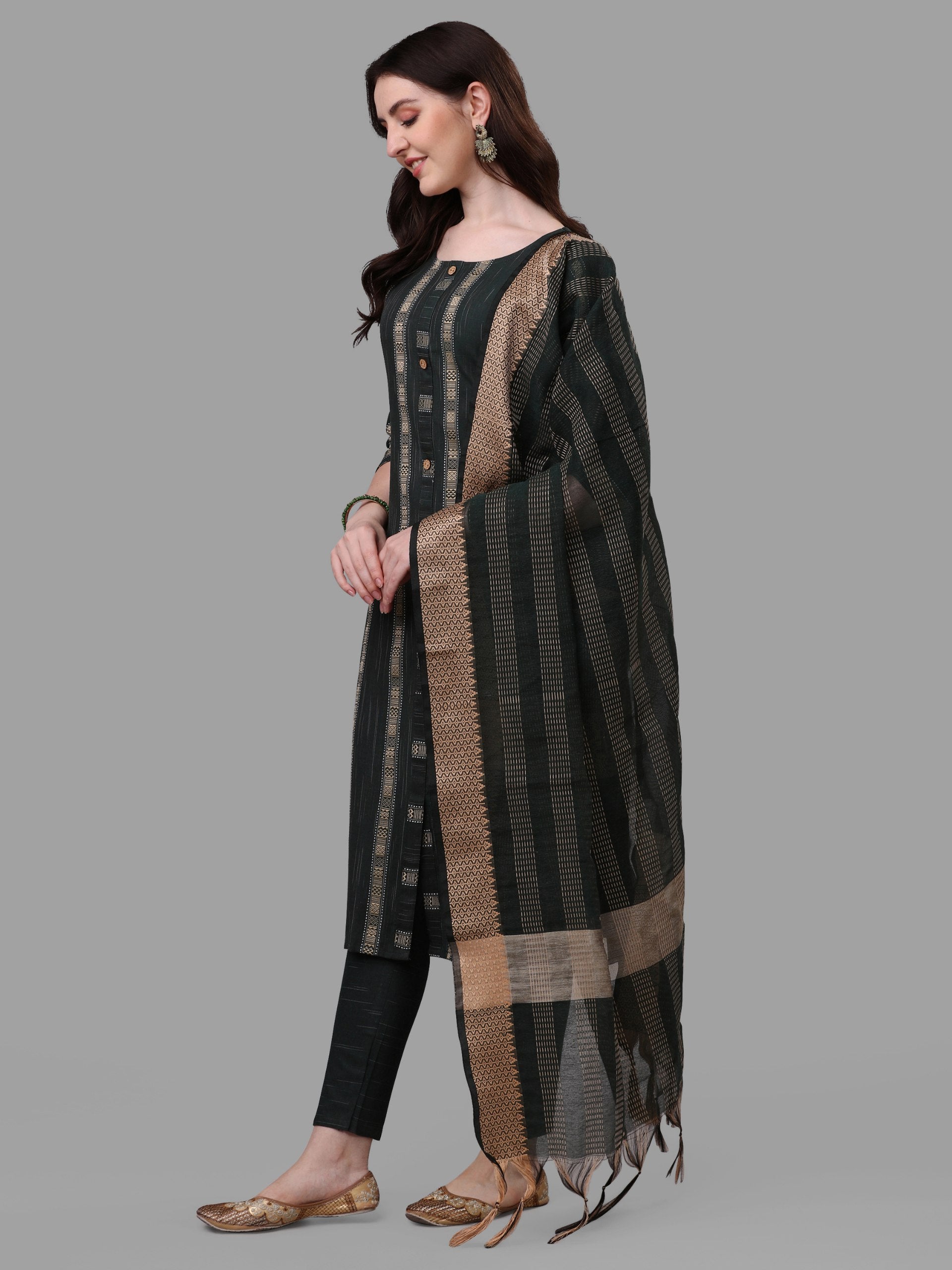 Black Round Neck Kurta Set With Dupatta