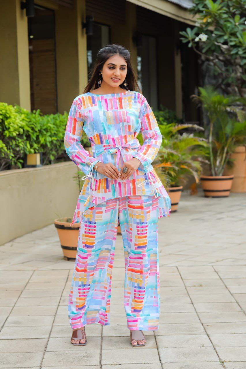 Most Beautiful Multi Color Printed Top And Plazzo Co Ord Set