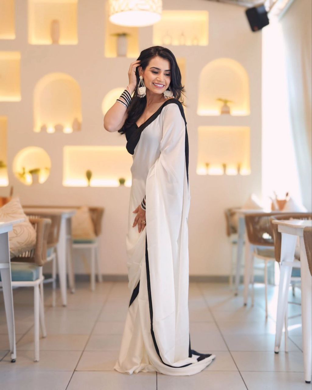 Ready To Wear White Colour Saree with Black Border With Blouse