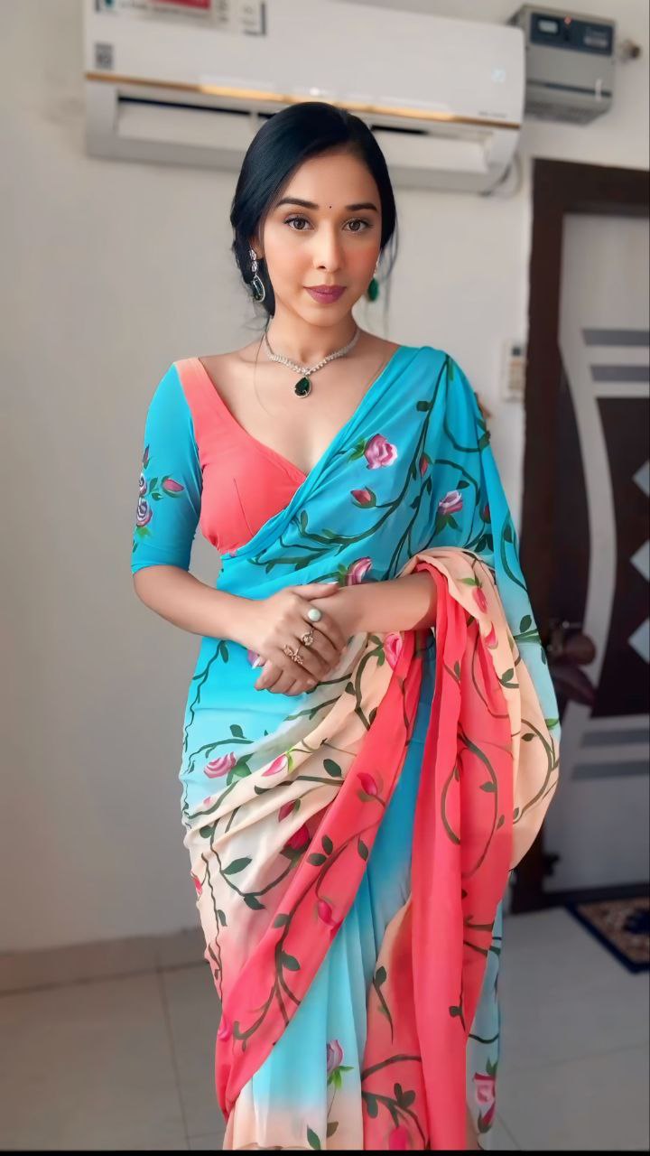 Ready To Wear Multicolor Saree With Beautiful Same Colour Blouse Piece