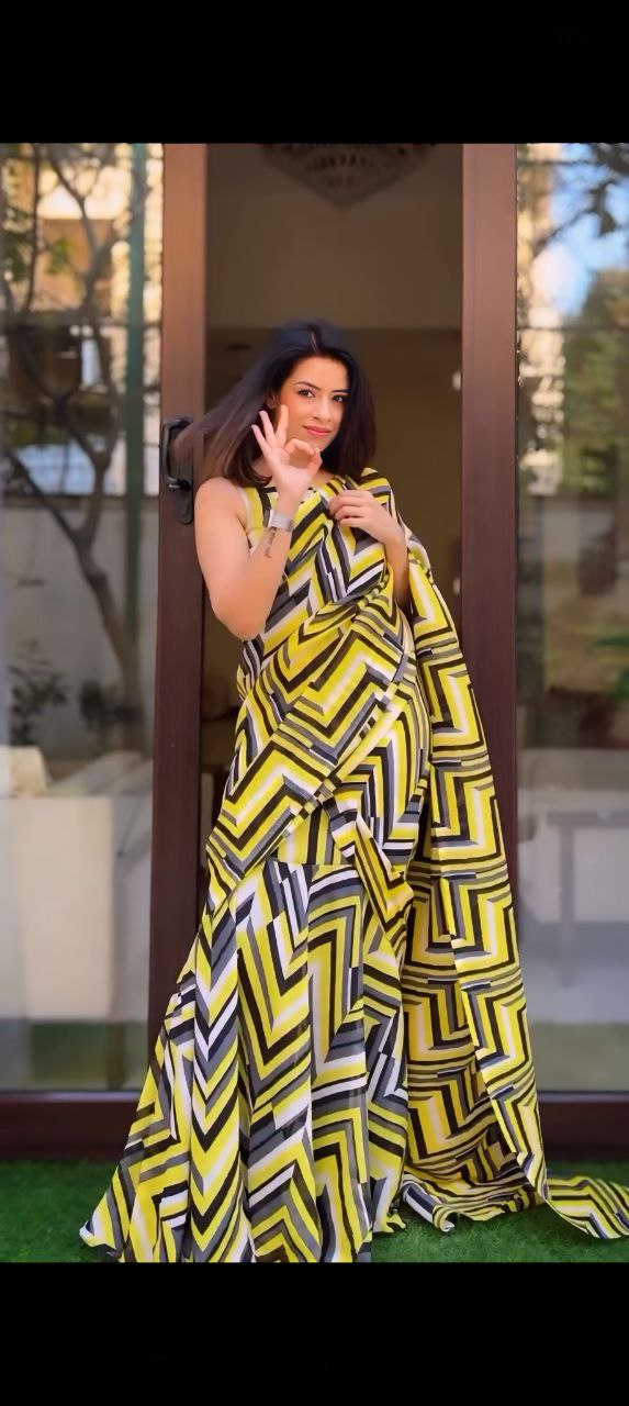 Multi-Colored Ready-to-Wear Gown Saree in Yellow and Dark Blue