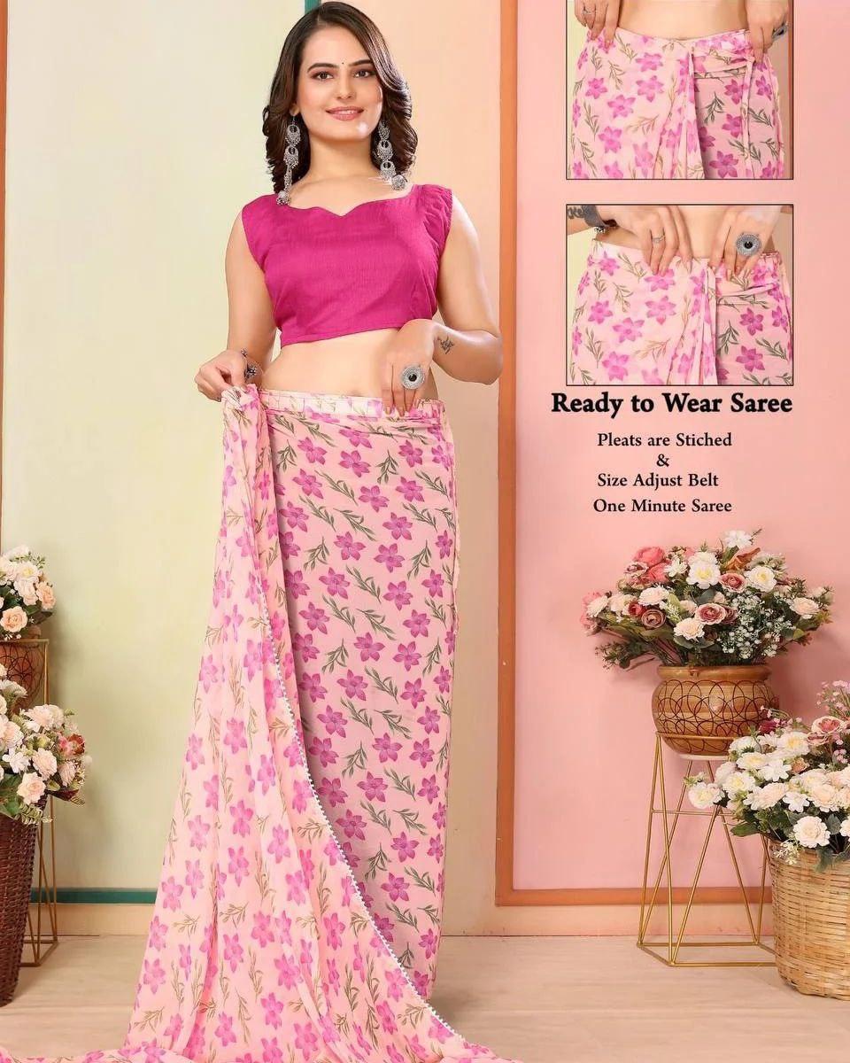 Ready To Wear Beige Pink Digital Print Saree With Blouse Piece