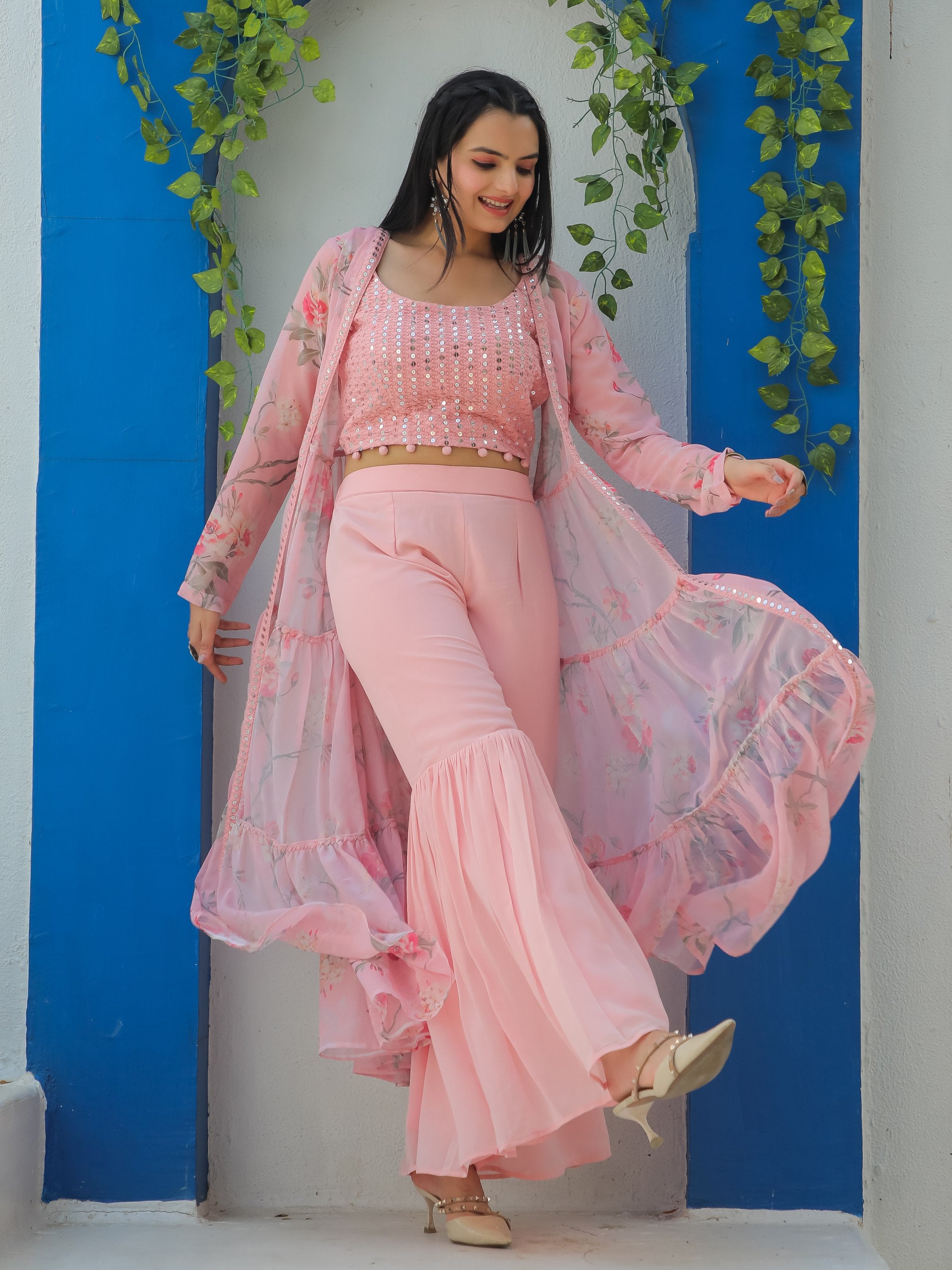 Pink Embroidered Choli With Printed Shrug And Sharara - Sareelystore