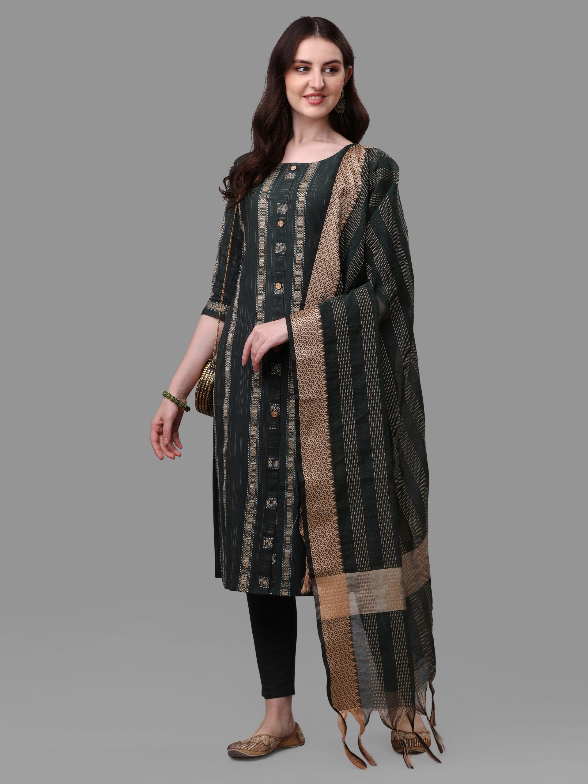 Black Round Neck Kurta Set With Dupatta