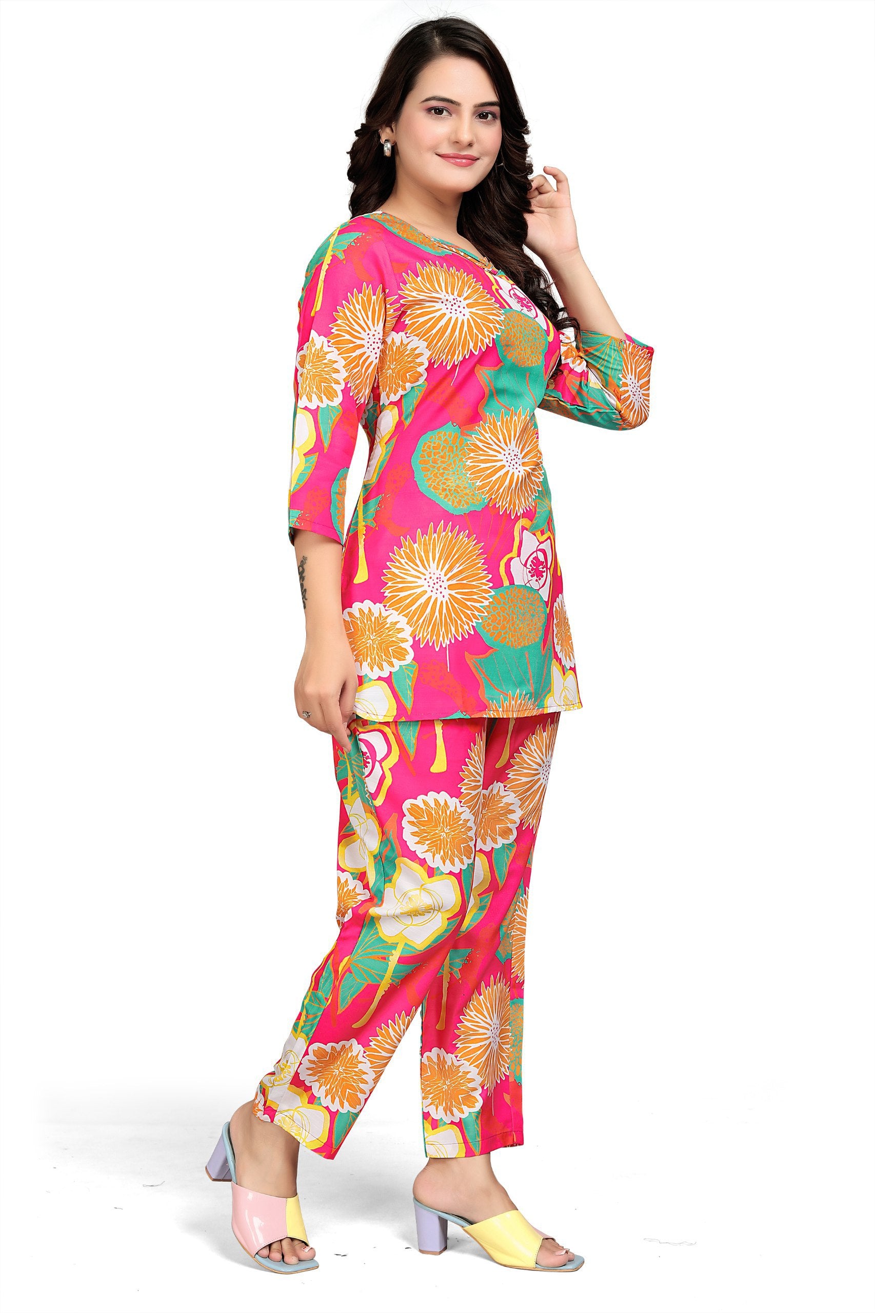 Most Beautiful Multi Color Printed Top And Plazzo Co Ord Set