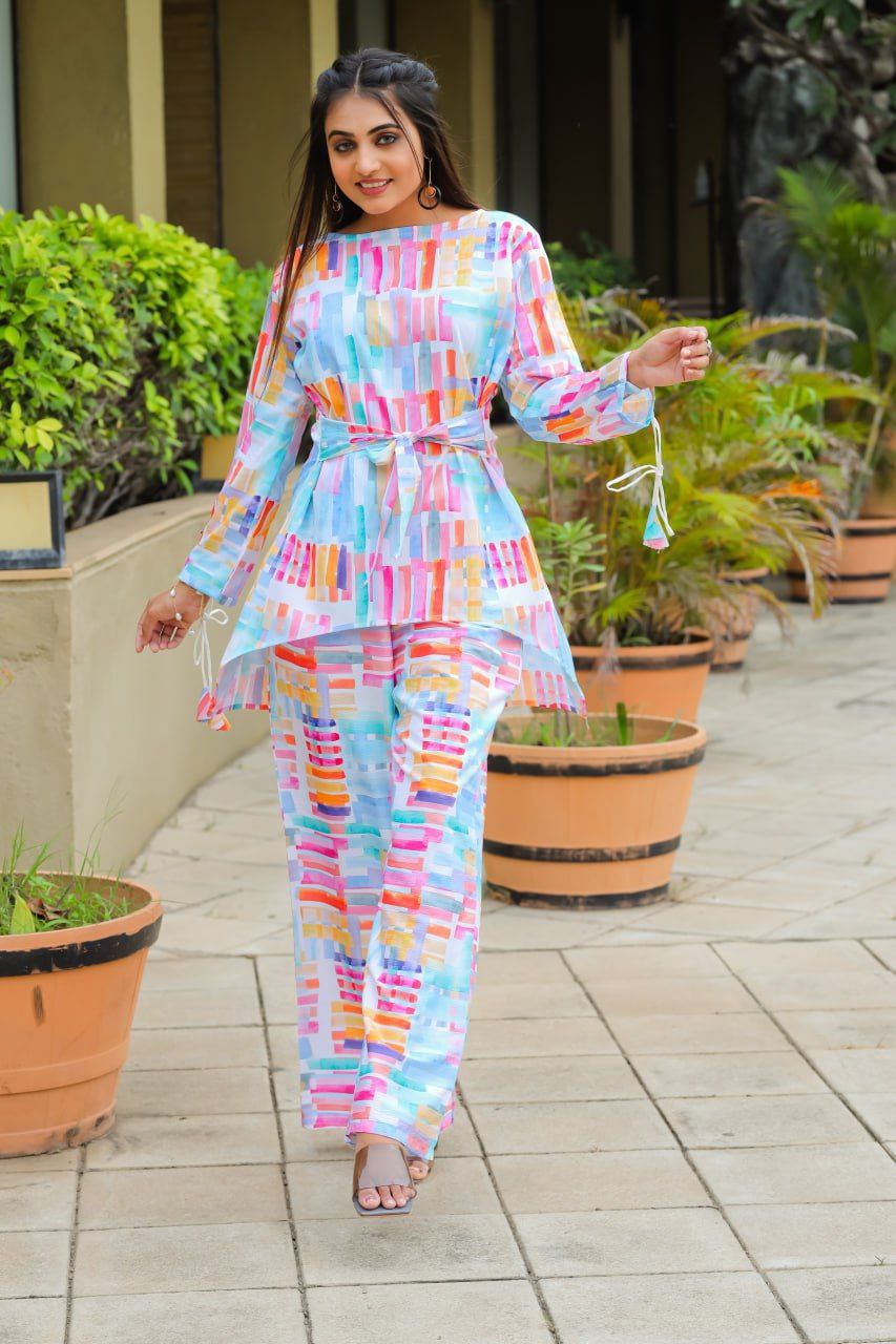 Most Beautiful Multi Color Printed Top And Plazzo Co Ord Set