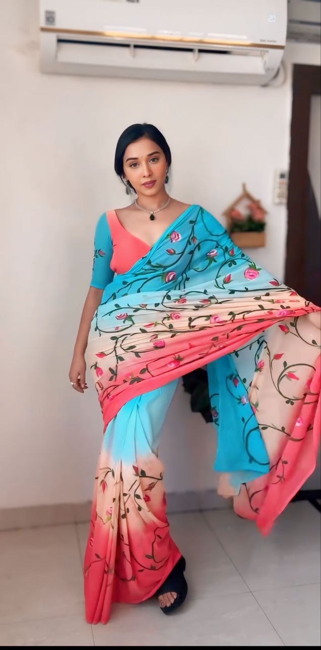 Ready To Wear Multicolor Saree With Beautiful Same Colour Blouse Piece