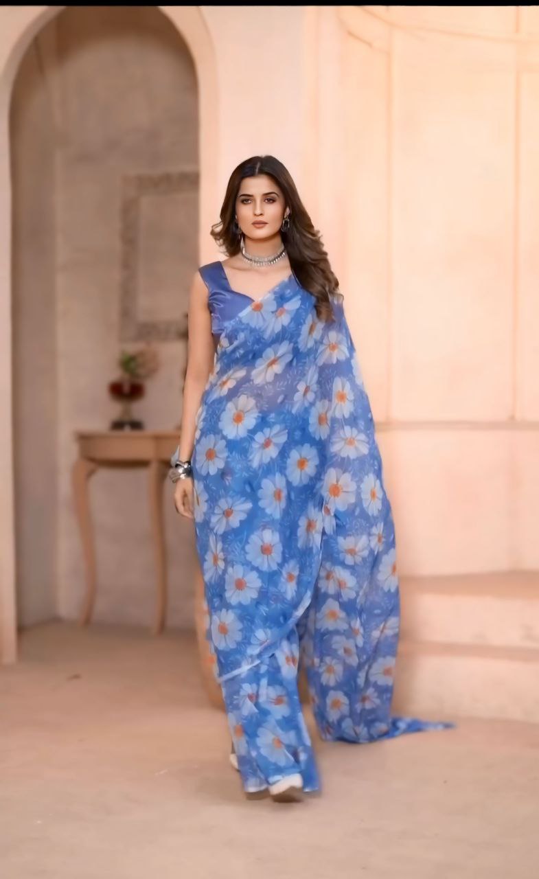 Blue Color Flowers Design Digital Print Ready To Wear Saree With Blouse Piece