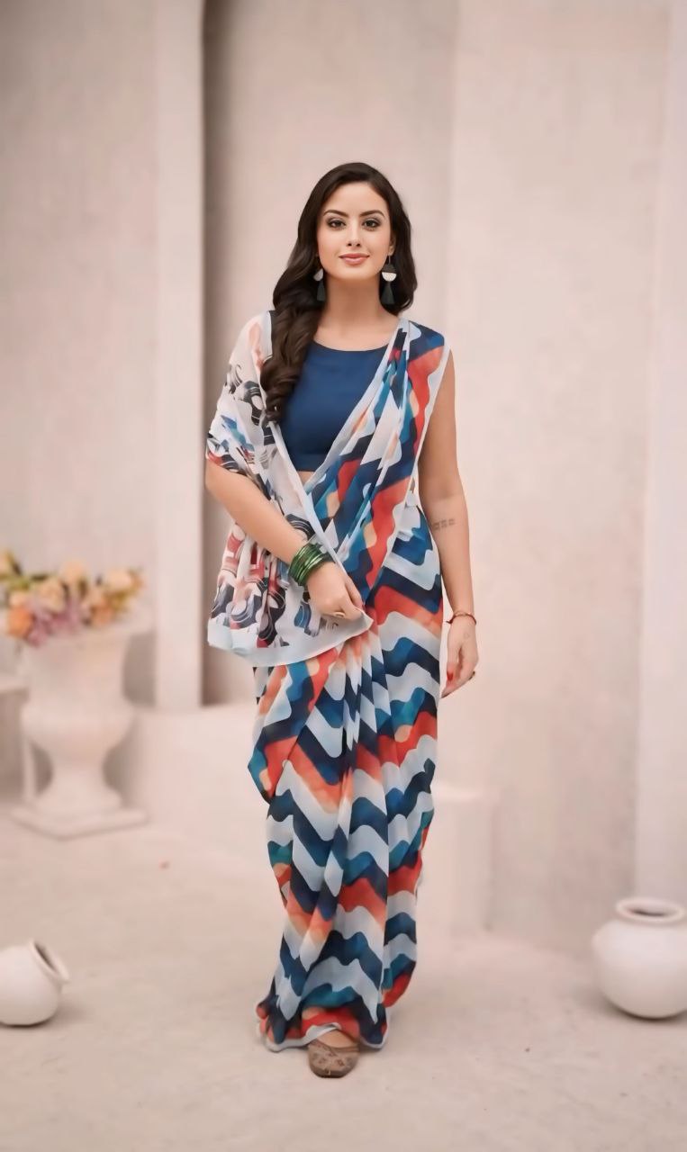 Blue Red Zigzag Design Digital Print Design Ready To Wear Saree with Blouse Piece