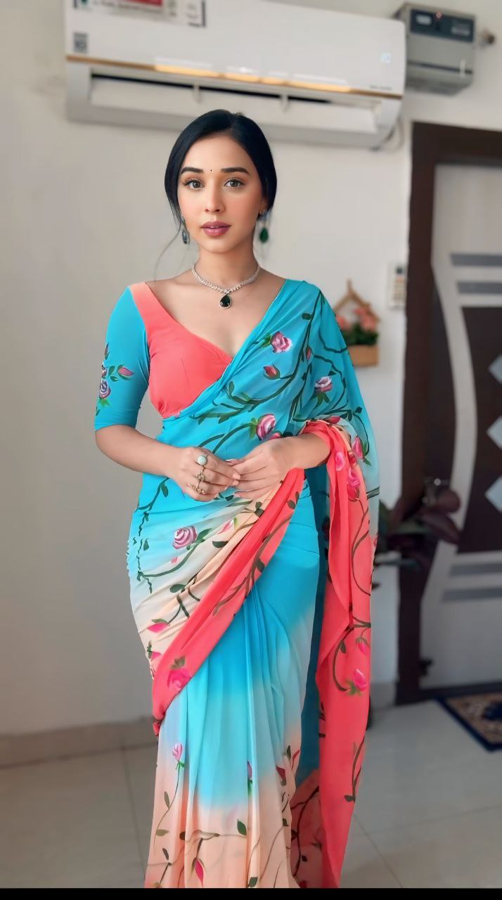 Ready To Wear Multicolor Saree With Beautiful Same Colour Blouse Piece