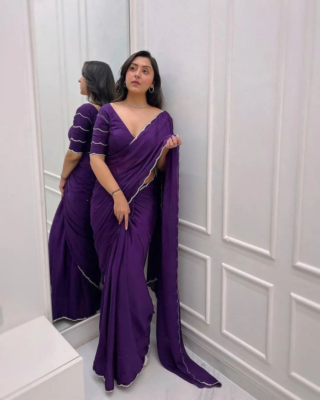 Beautiful Curve Design Ready To Wear Purple Saree