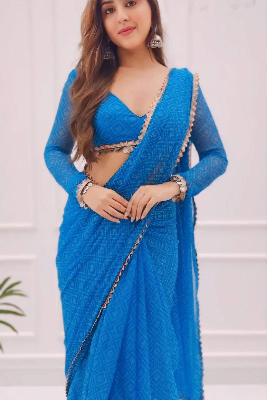 Ready To Wear Saree Georgette Blue Bandhani with Lace Border with Blouse Piece