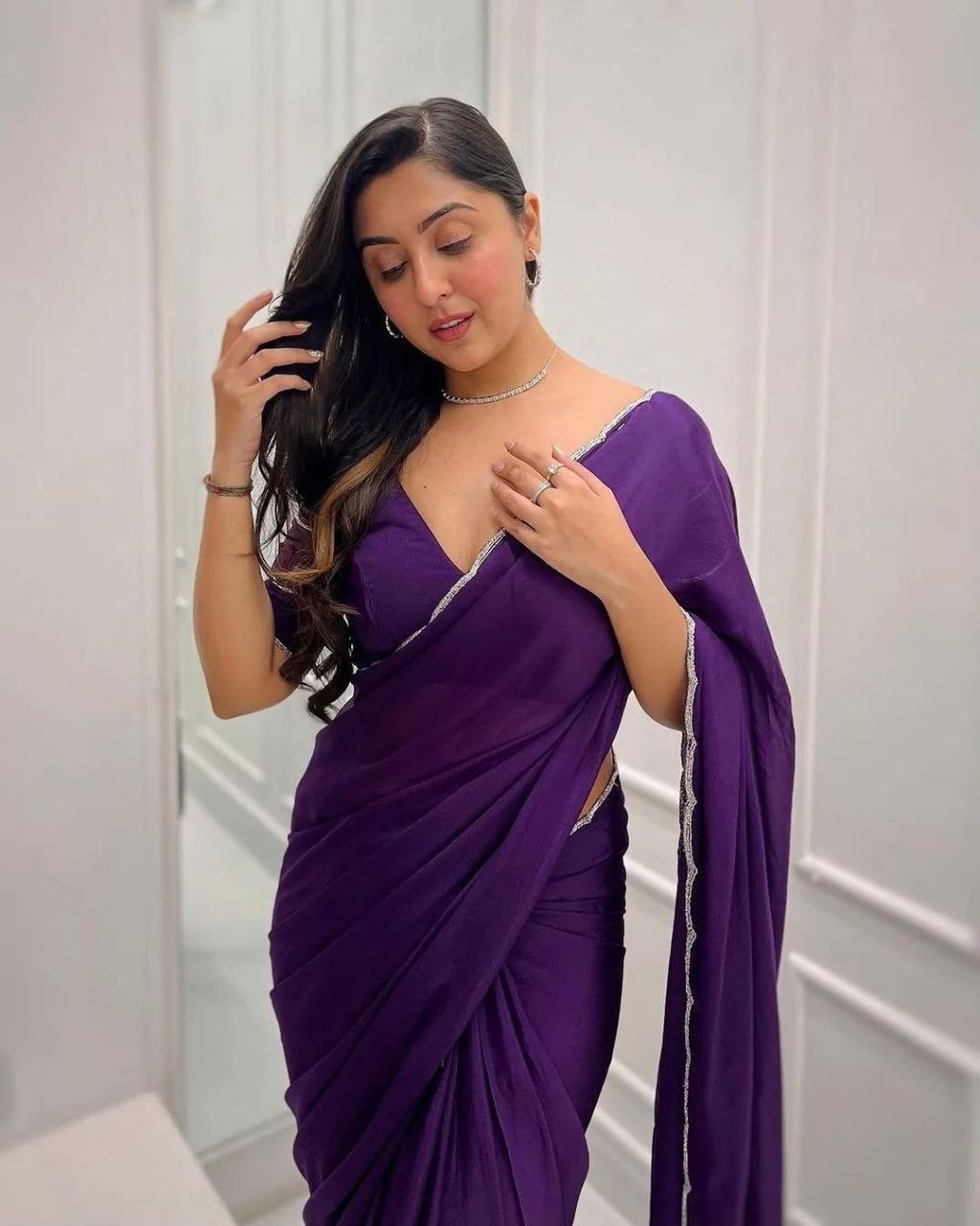 Beautiful Curve Design Ready To Wear Purple Saree