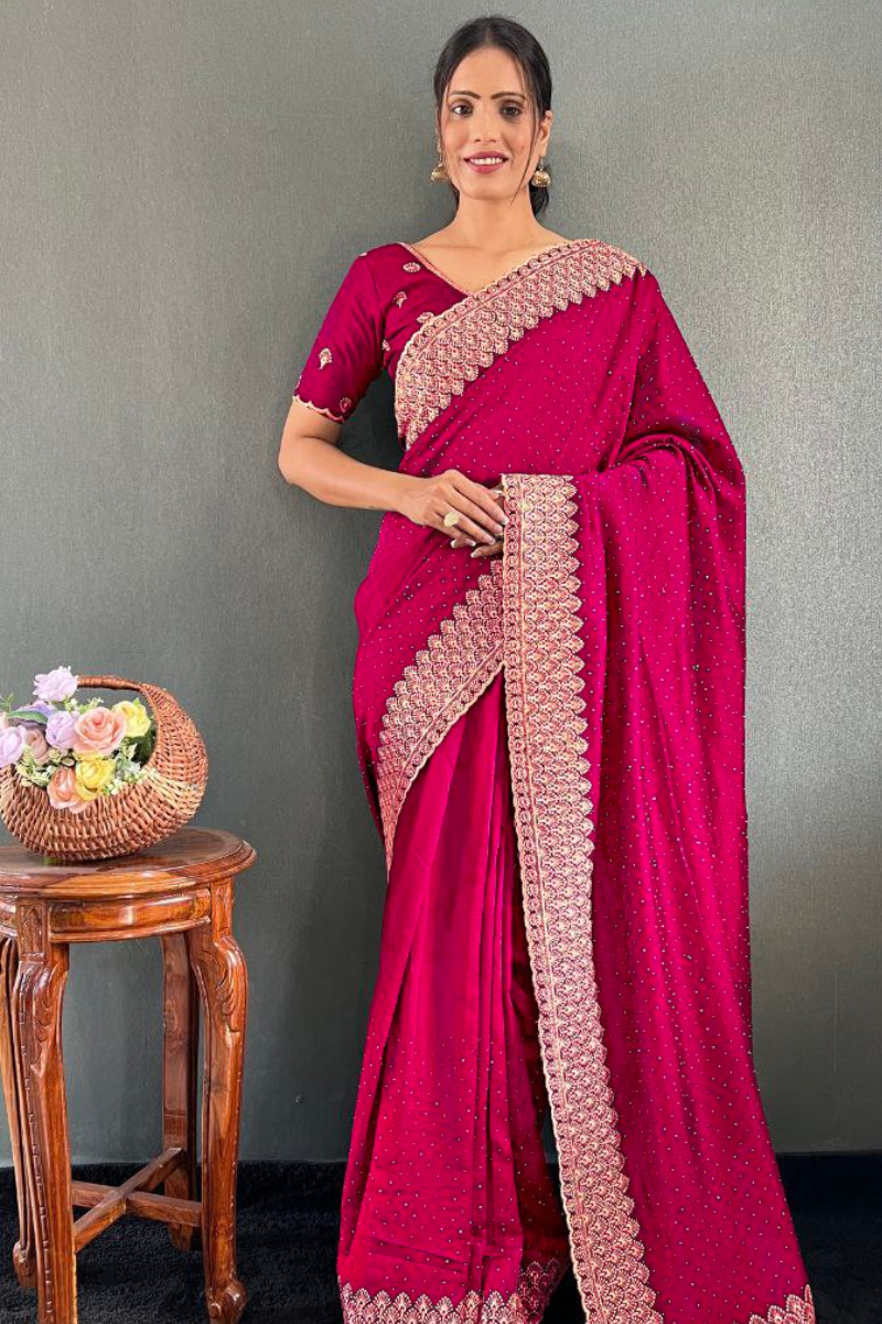 Vichitra silk saree in pink bloom with lovely Zari