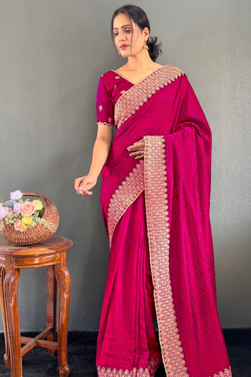 Vichitra silk saree in pink bloom with lovely Zari