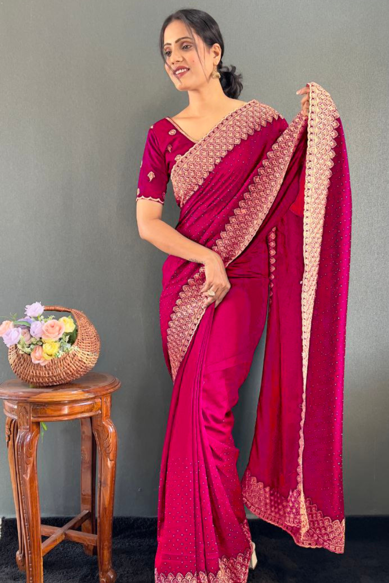 Vichitra silk saree in pink bloom with lovely Zari