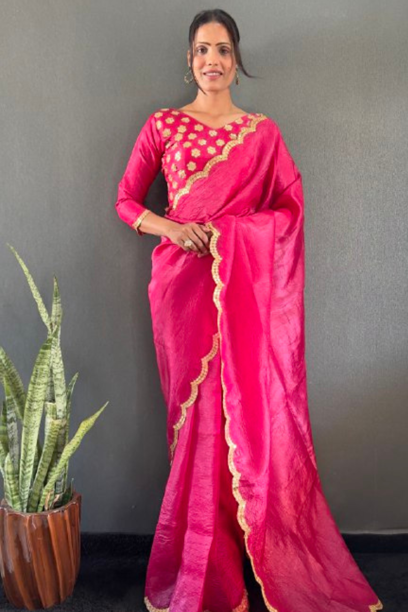 Silk Saree in Pink Gold Crush with Designer Border Work