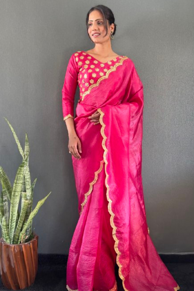 Silk Saree in Pink Gold Crush with Designer Border Work