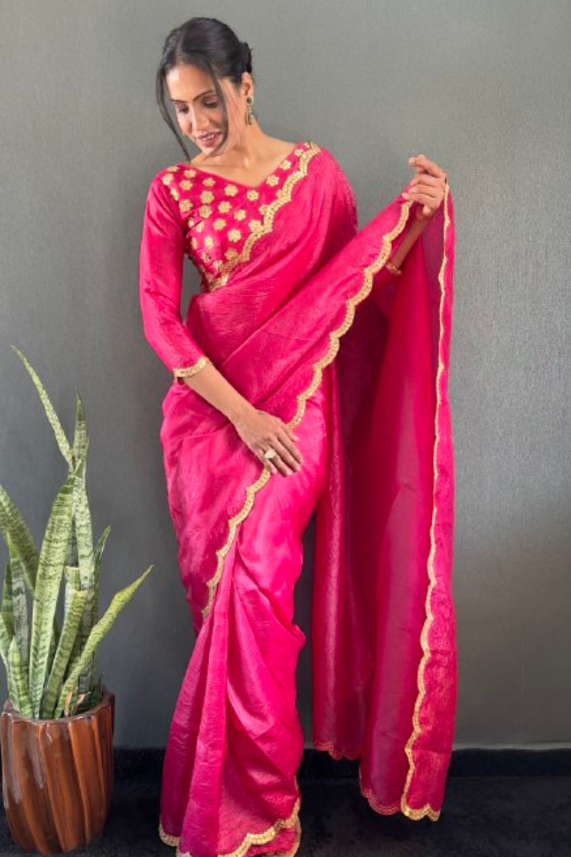 Silk Saree in Pink Gold Crush with Designer Border Work