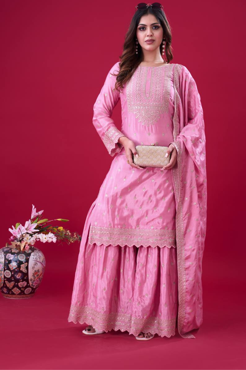 Three Pieces of Black Heavy Chinon Silk Sharara Suit Set with Kurta Dupatta