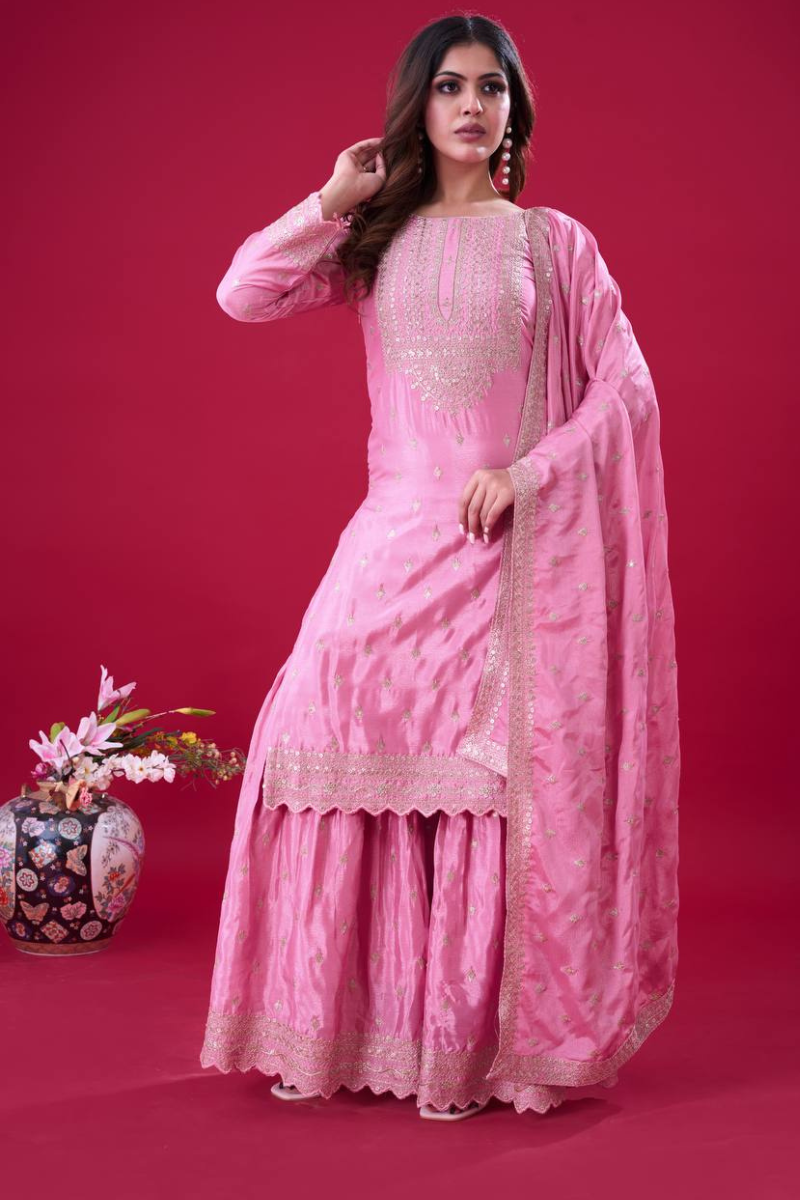 Three Pieces of Black Heavy Chinon Silk Sharara Suit Set with Kurta Dupatta