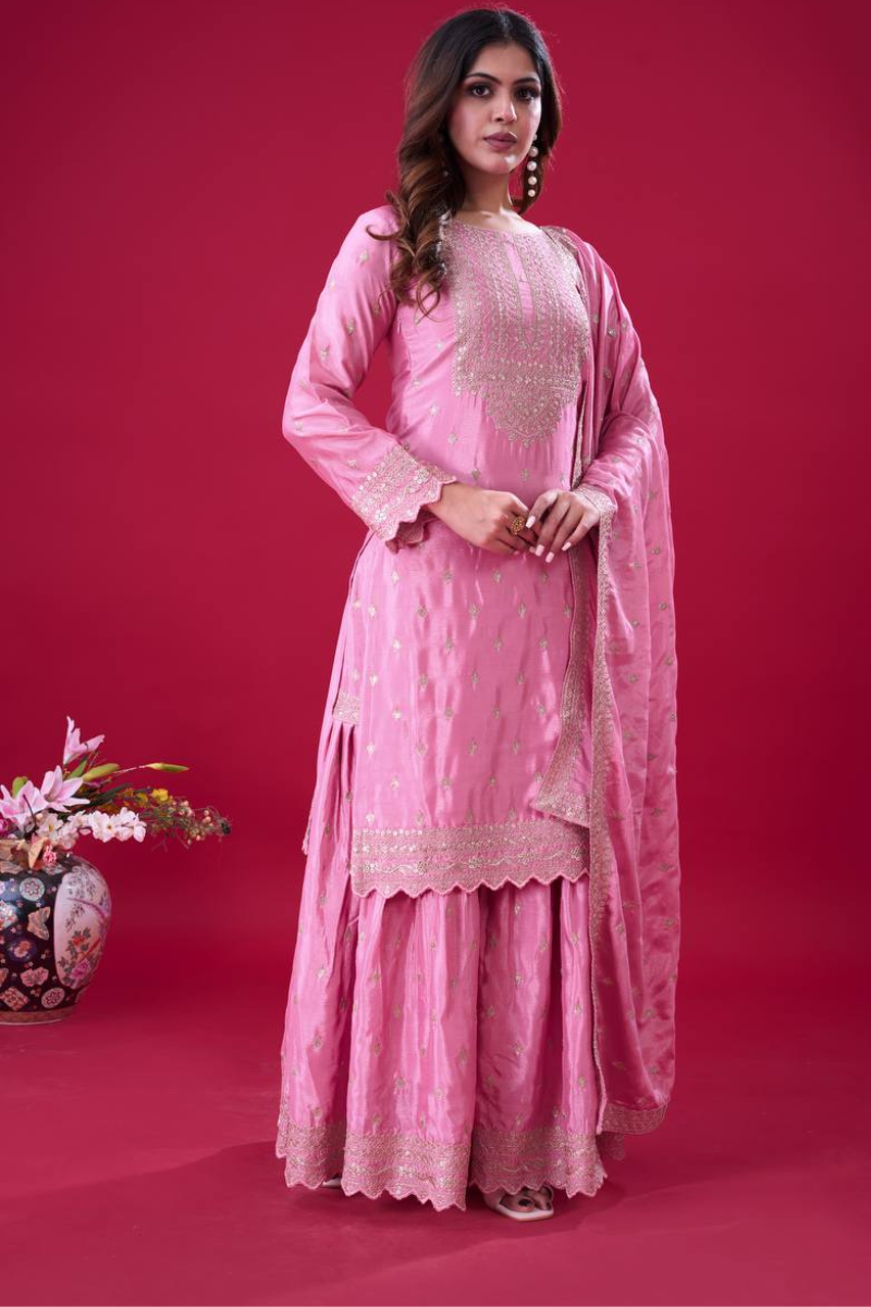 Three Pieces of Black Heavy Chinon Silk Sharara Suit Set with Kurta Dupatta