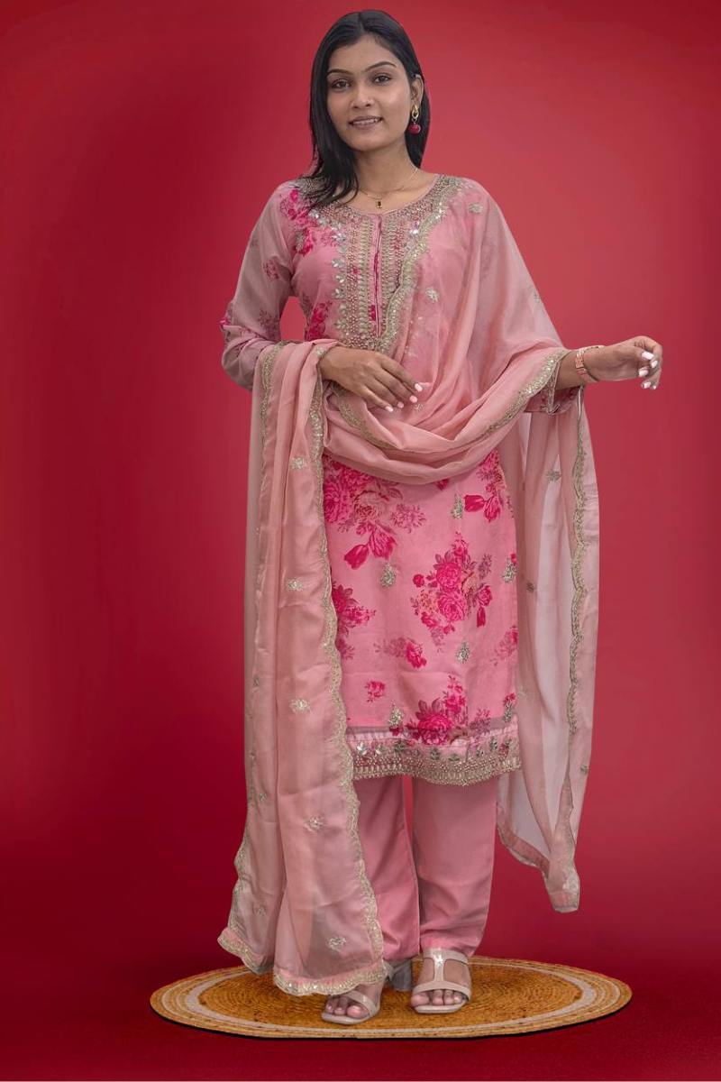 Three-piece kurta dupatta pantsuit set in pink pure kundan organza.