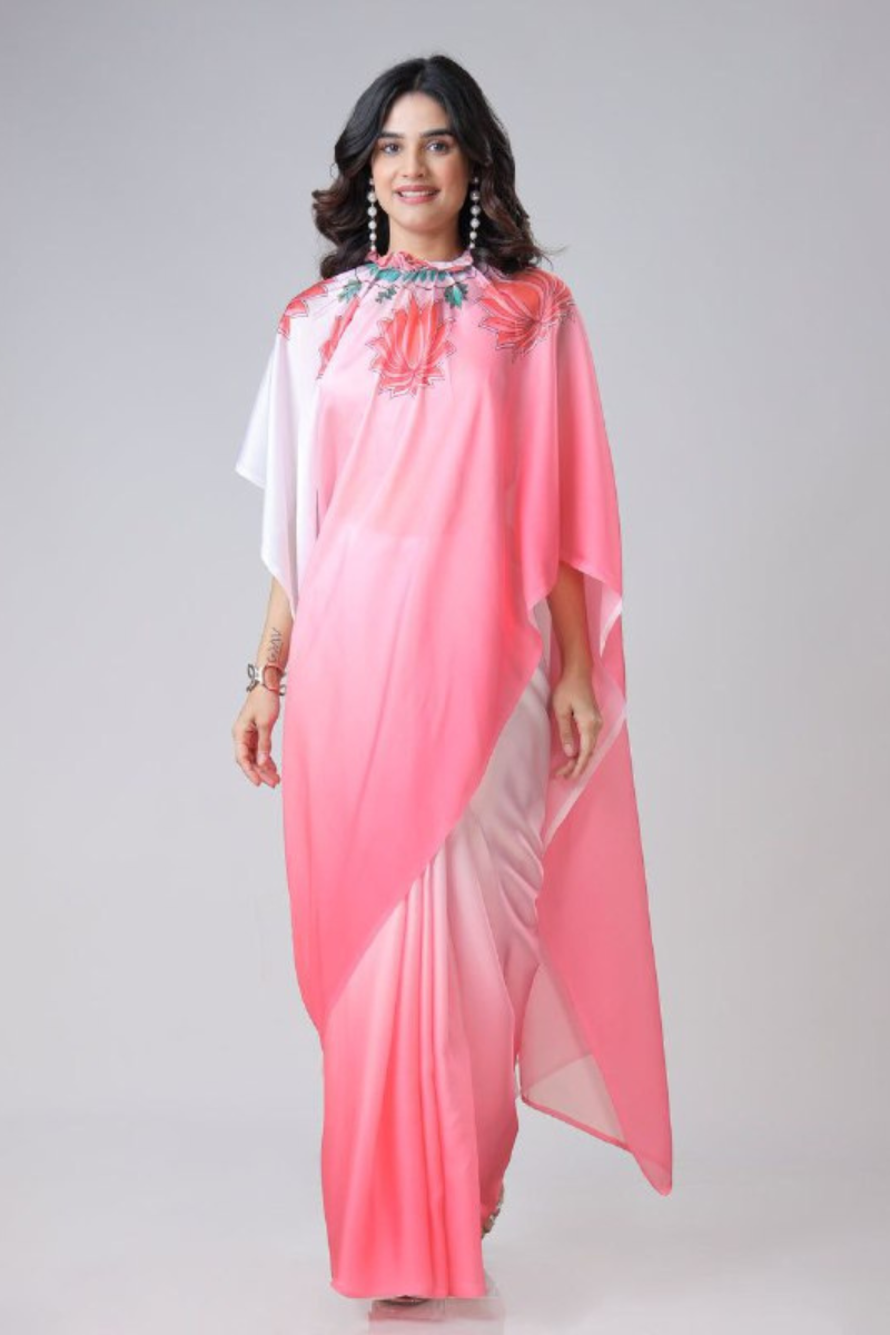 Digital Printing of a Pink Satin Creap Silk Saree