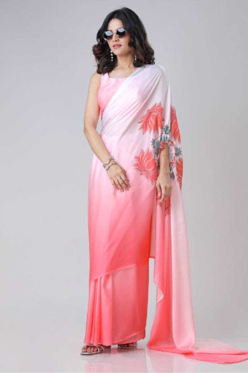 Digital Printing of a Pink Satin Creap Silk Saree