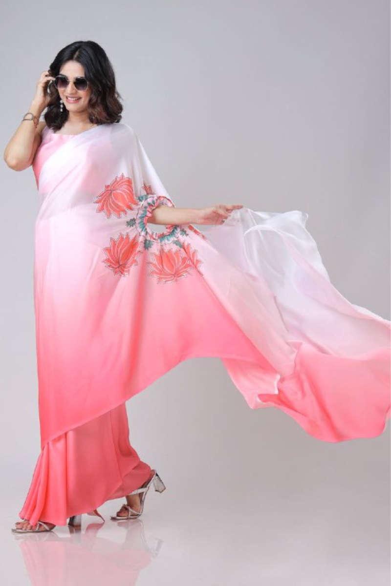 Digital Printing of a Pink Satin Creap Silk Saree