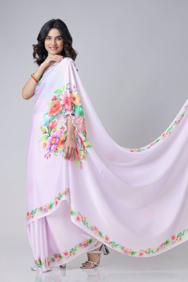 Digital Printing of a Pink Satin Creap Silk Saree