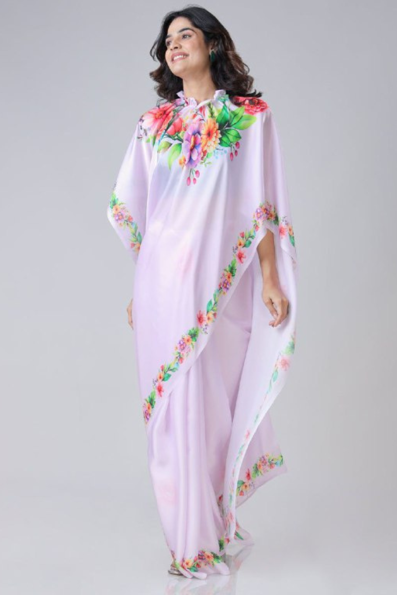 Digital Printing of a Pink Satin Creap Silk Saree